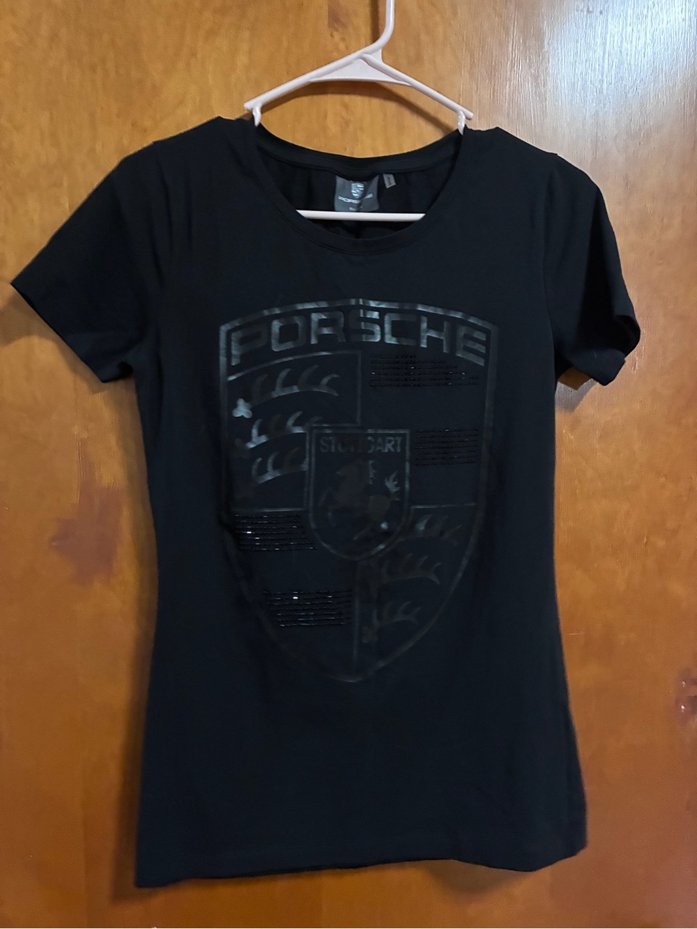 Women's Black rhinestone Porsche Logo Short Sleeve Tee